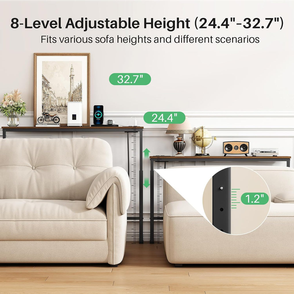 Kitstorack Narrow Sofa Table with Charging Station, 78.8" Behind Couch Table, Adjustable 24.4"-32.7" Height, Modular 2-piece Design for sectionals, entryways, Apartments, and Narrow Living Spaces