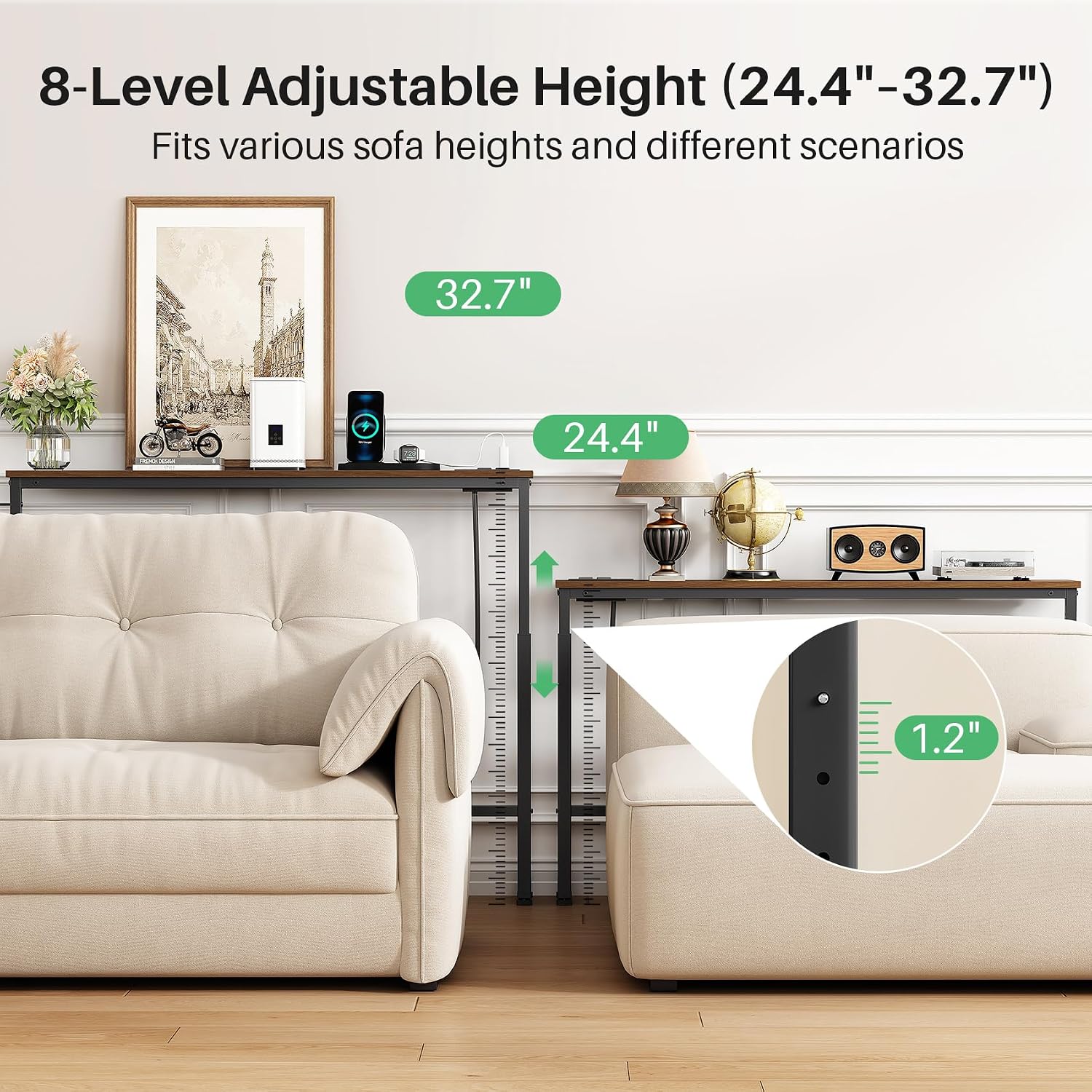 Kitstorack Narrow Sofa Table with Charging Station, 78.8" Behind Couch Table, Adjustable 24.4"-32.7" Height, Modular 2-piece Design for sectionals, entryways, Apartments, and Narrow Living Spaces