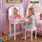 JOYMOR Kids Princess Vanity Table and Chair Set, Kids Vanity Set with Mirror, Makeup Dressing Table with Two 180° Folding Mirror for Girls Age 4-9