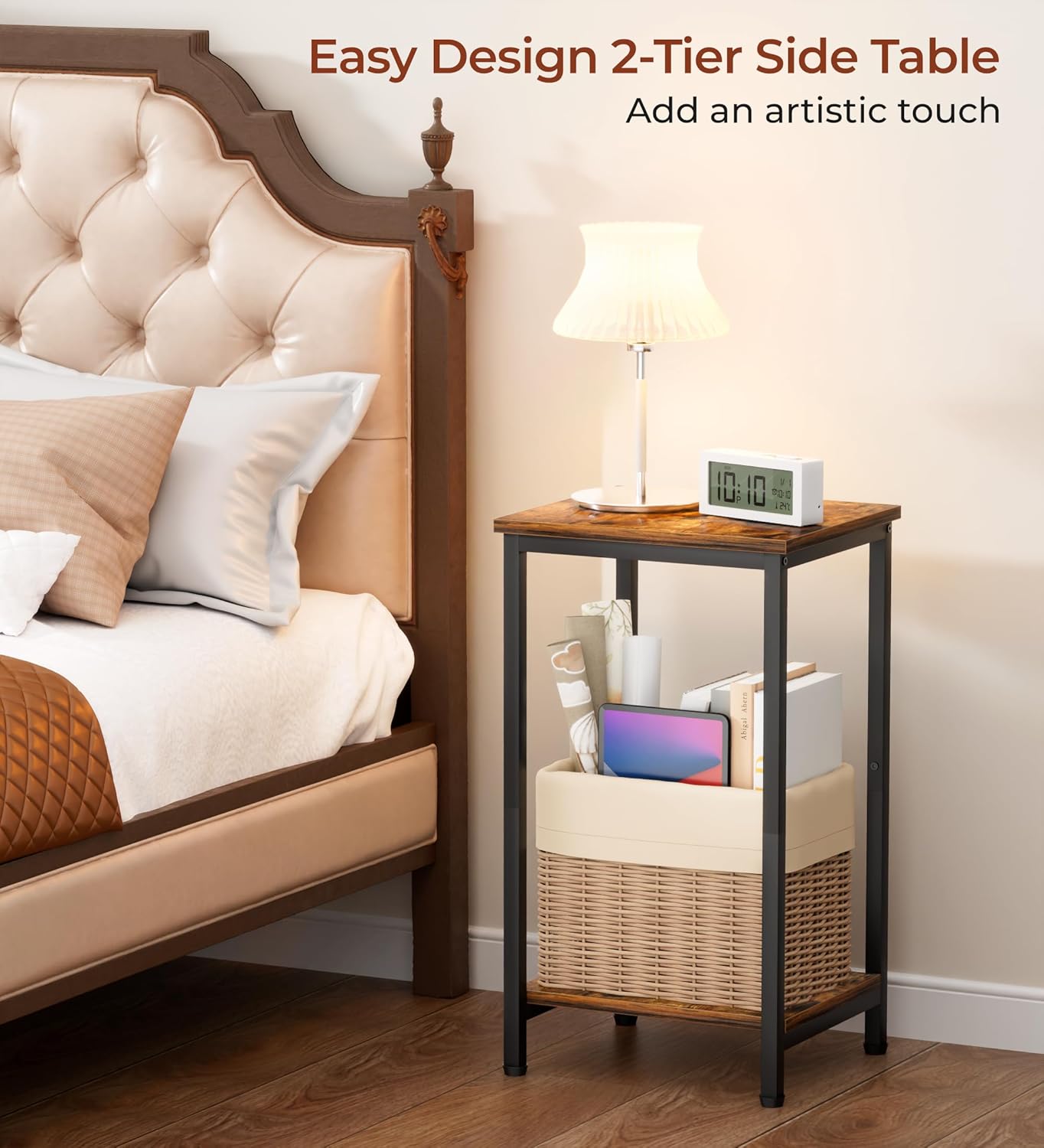 KEETDY Small Side Table for Small Space End Tables for Living Room, 2-Tier Storage Shelf Night Stand, Sofa Bedroom Bedside Table Nightstand Storage, Rustic Brown