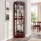 BELLEZE Lighted Corner Display Curio Cabinet Wooden Curved Shelving Unit with Tempered Glass Door, Bar and Liquor Storage Area with 6 Shelves - Ashfield (Cherry)