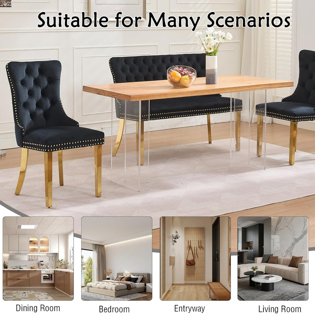 Henf Modern Tufted Velvet Dining Bench with Wing Back, 2-Seat, Nailhead Trim, Sturdy Stainless Steel Legs, Entryway Bench Small Upholstered Loveseat Sofa, 45.6''W x 22.7''D x 35.2''H (Black&Gold)