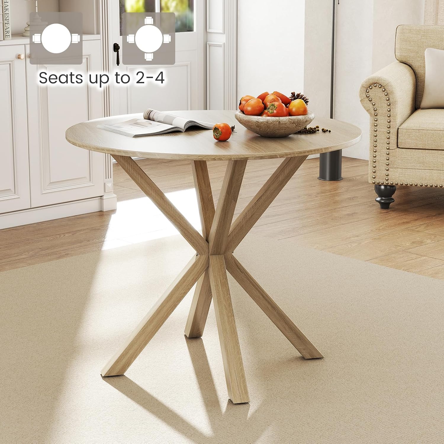 Tangkula 36" Round Dining Table, Mid-Century Modern Kitchen Table with Rubber Wood Legs, Vintage Table with Pedestal Base & Adjustable Foot Pads, Side Table for Home, Office, Bar (Oak)