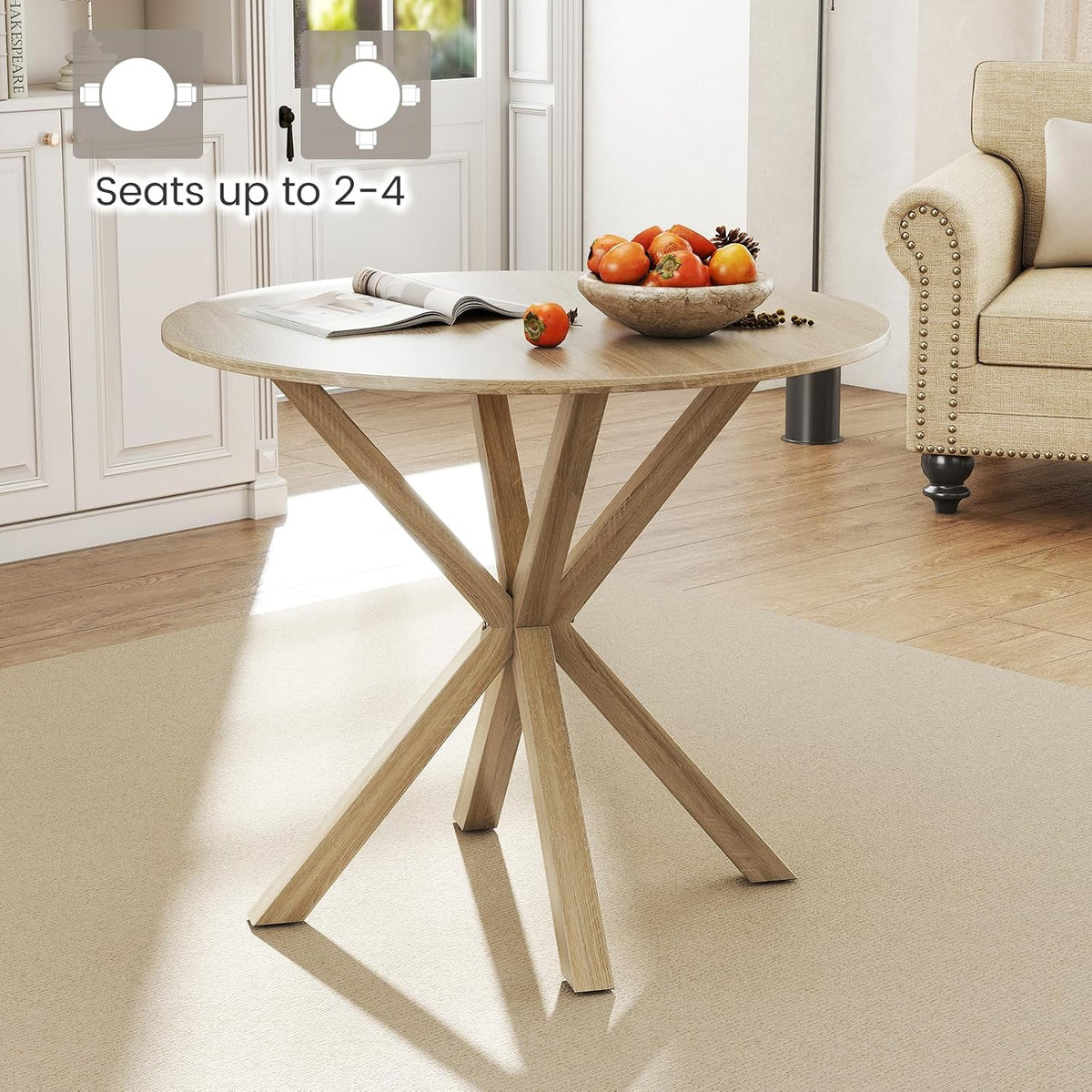 Moccha 36" Round Dining Table for 4 - Rubber Wood Kitchen Table with Intersecting Trestle Legs, Vintage Bar Table, Farmhouse Dining Room Tables for Dinette, Small Space, Restaurant, Bistro (Oak)
