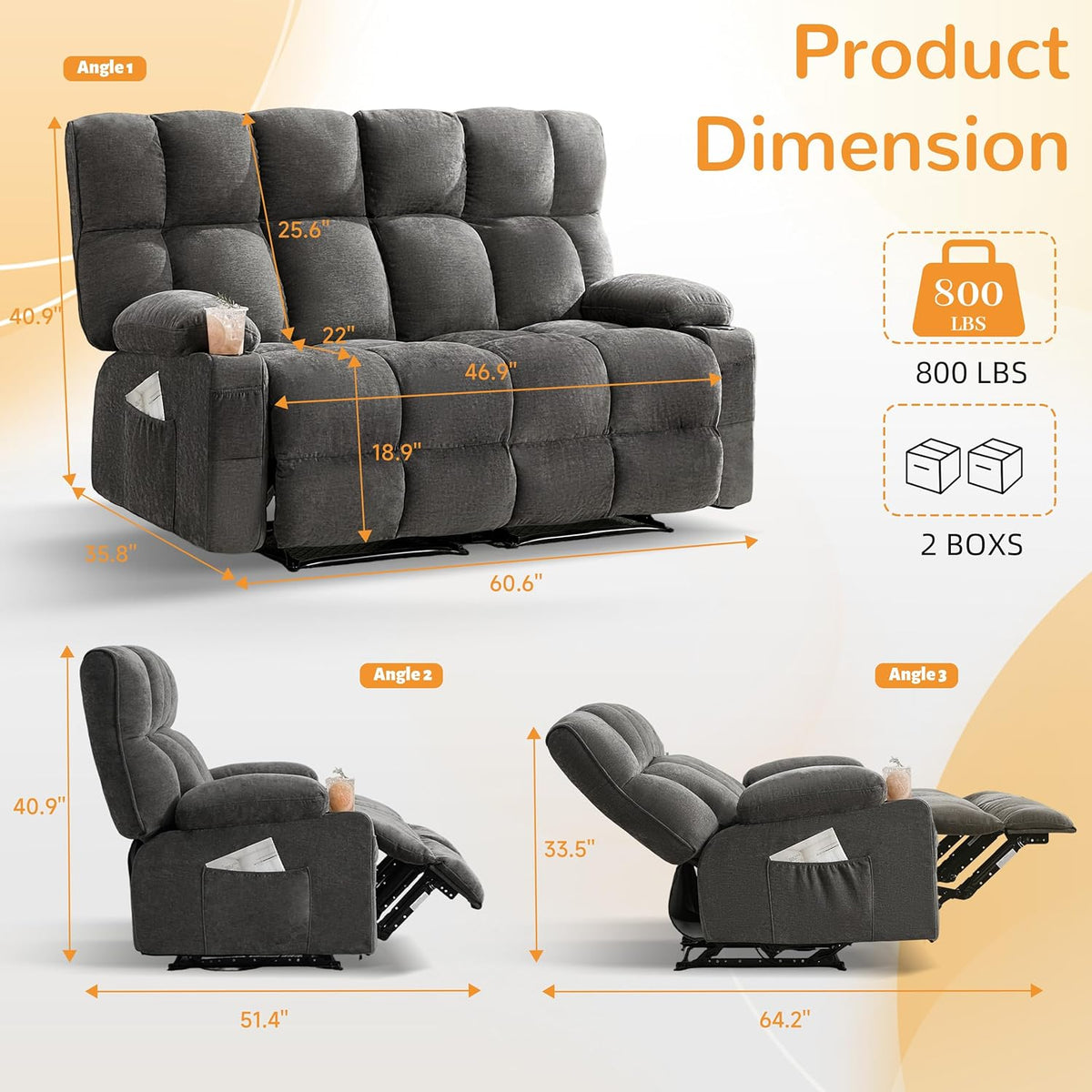 Oversized Loveseat Recliner Sofa, Double Recliner, Big Large Reclining Sofa with Cup Holders & Side Pockets, Traditional 2-Seater Manual Recliner Couch for Living Room, RV, Home Theater (Fabric,Grey)