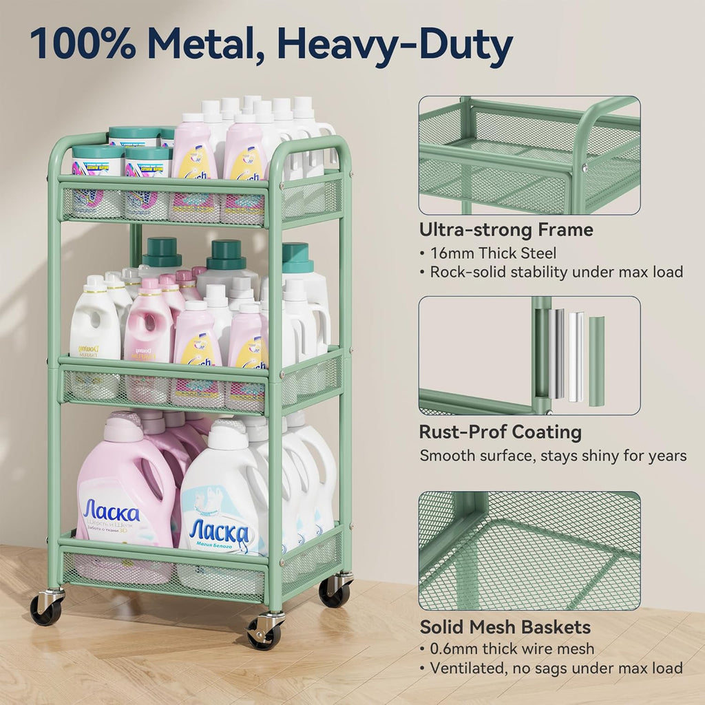 YASONIC 3 Tier Metal Rolling Cart, Green Utility Storage Cart with Wheels | Metal Mesh Craft Cart With Hooks & Hanging Cups, Ideal For Kitchen, Bathroom, Office, Dorm, Art Workspace, Bedside Storage
