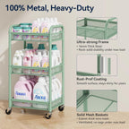 YASONIC 3 Tier Metal Rolling Cart, Green Utility Storage Cart with Wheels | Metal Mesh Craft Cart With Hooks & Hanging Cups, Ideal For Kitchen, Bathroom, Office, Dorm, Art Workspace, Bedside Storage