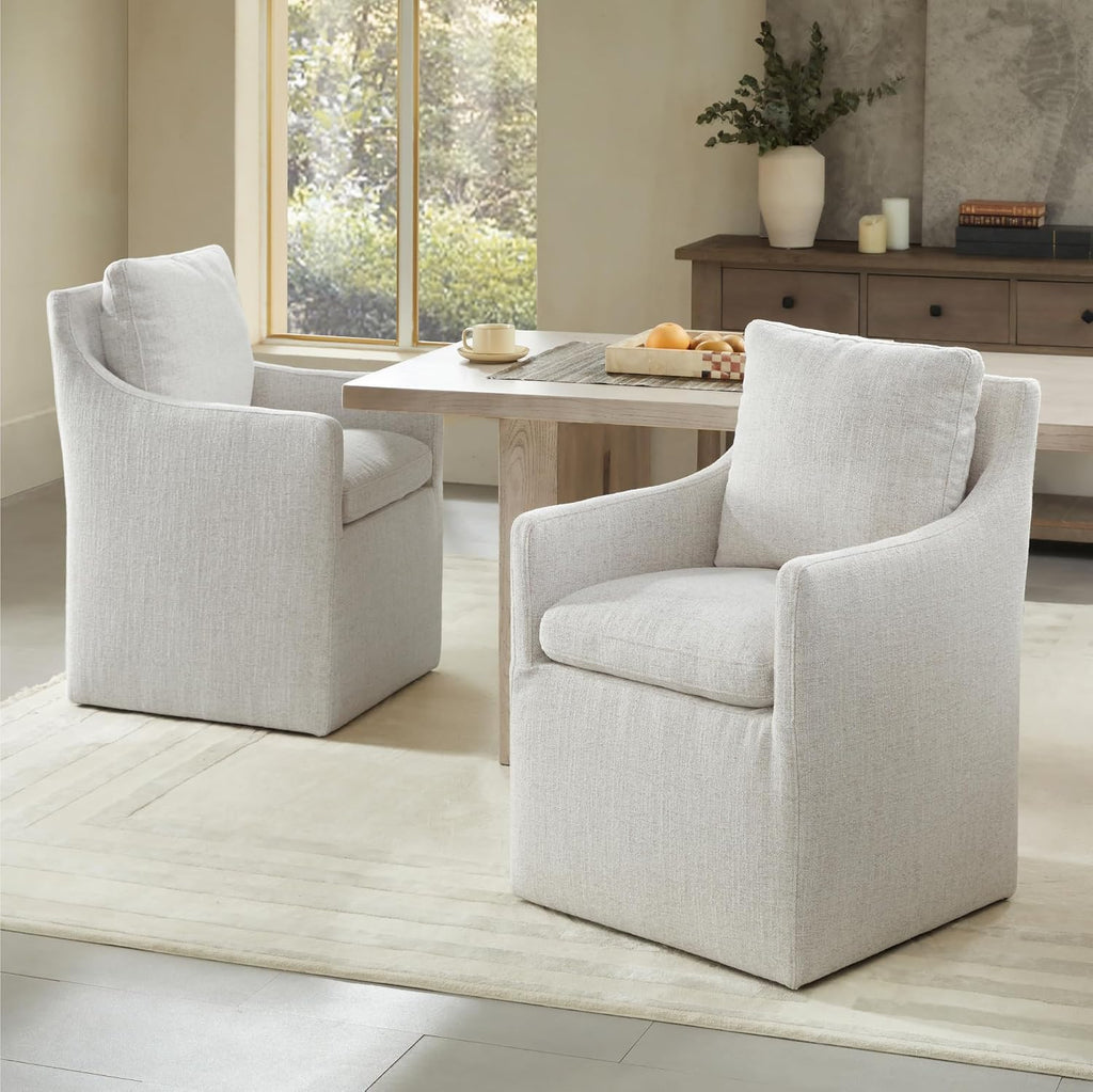 KISLOT Upholstered Dining Chairs with Casters, No Assembly Modern Accent Armchair with Rollers for Dining Room, Bedroom, Living Room, Reading Room, Already Assembled, Linen, 4 Box