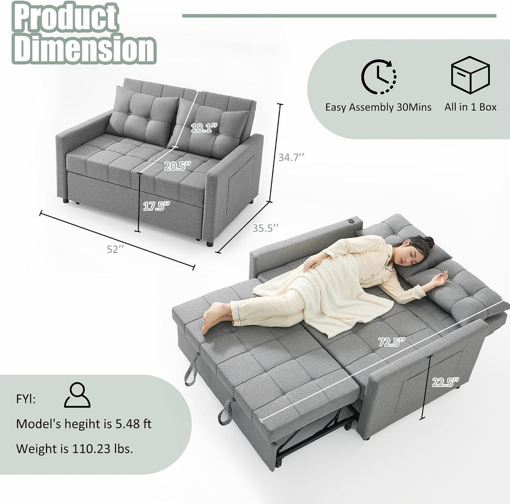 GOSUHI 52" 3-in-1 Convertible Sleeper Sofa Bed, Linen, Light Gray | Pull-Out Bed, Stepless Adjustable Backrest, Side Pocket, Compact Loveseat, Living Room, Dorm & Apartment
