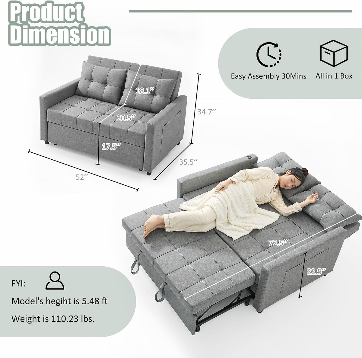 GOSUHI 52" 3-in-1 Convertible Sleeper Sofa Bed, Linen, Light Gray | Pull-Out Bed, Stepless Adjustable Backrest, Side Pocket, Compact Loveseat, Living Room, Dorm & Apartment