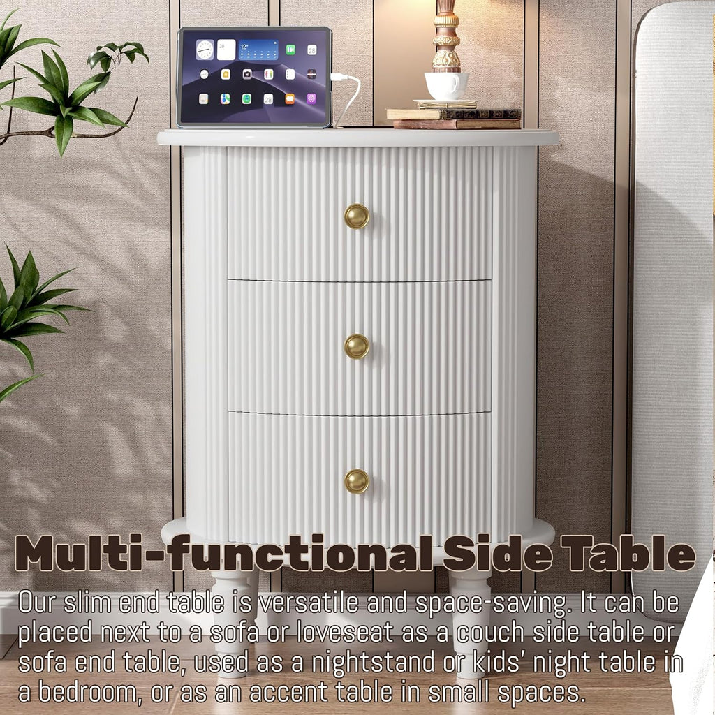 3 Drawers Nightstand, Wood End Table with Charging Station,Modern Round End Tables Living Room,Oval Side Table with Storage for Bedroom,Fully Assembled,White