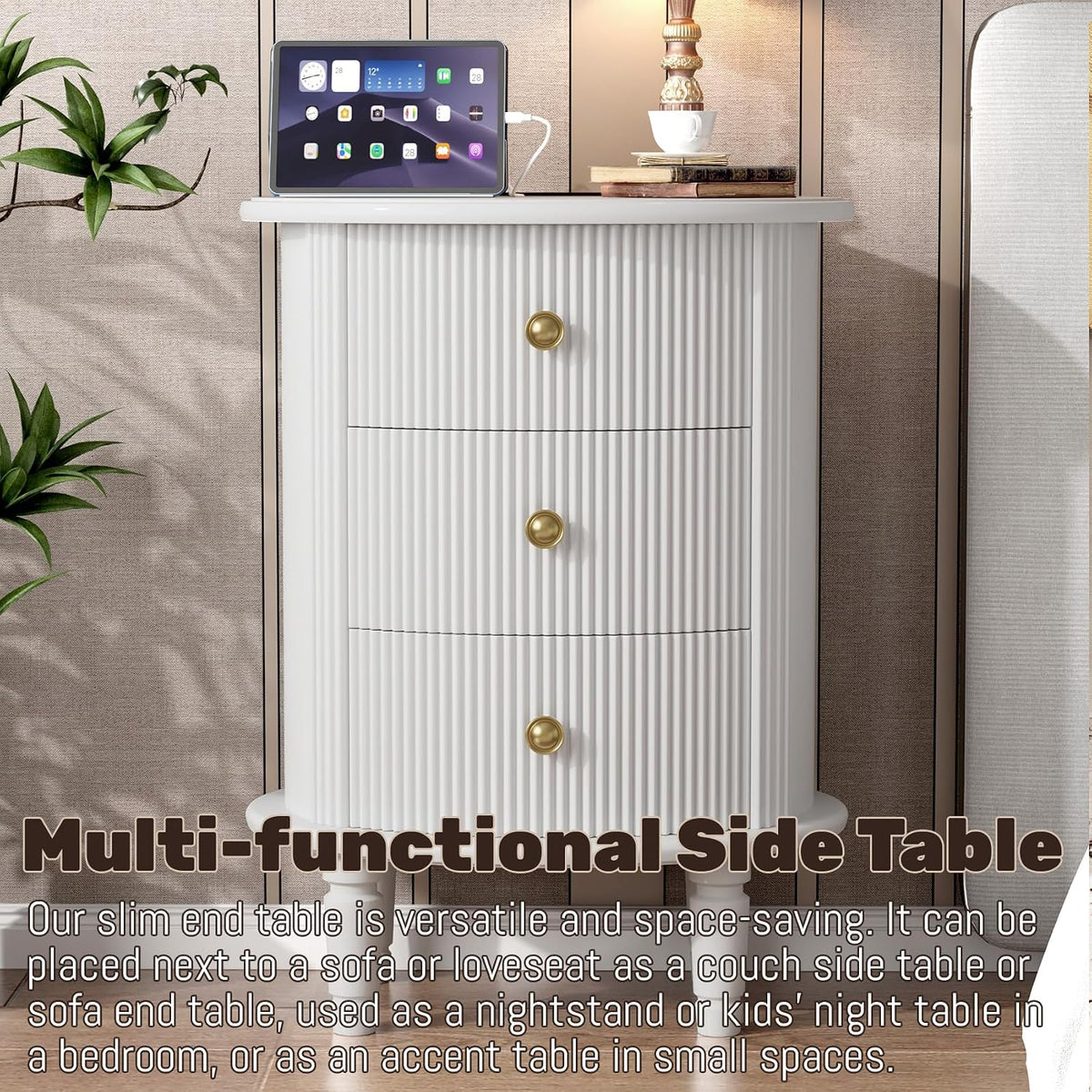 3 Drawers Nightstand, Wood End Table with Charging Station,Modern Round End Tables Living Room,Oval Side Table with Storage for Bedroom,Fully Assembled,White
