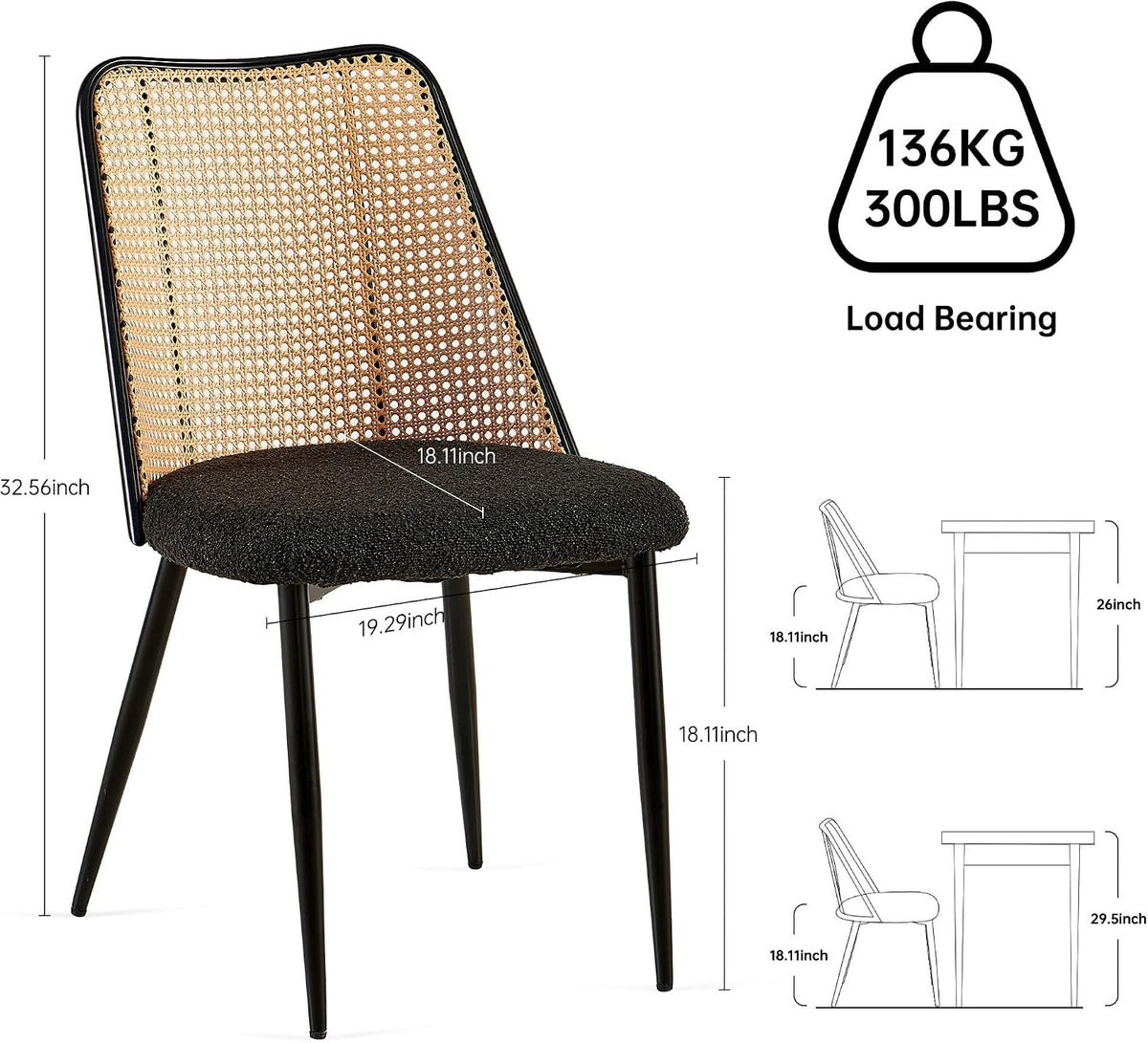 NORDICANA Rattan Dining Chairs Set of 2, Mid Century Kitchen Dining Room Side Chairs with Upholstered Cushion, Black