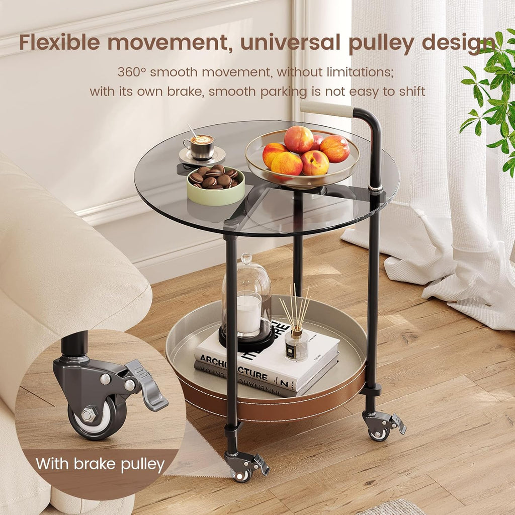 Sofa Side Table, 2-Tier Metal Frame Glass Top End Table on Wheels, Round Beside Tables with Storage Basket and Handle, Space Saving & Easy Assmable