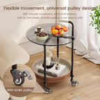 Sofa Side Table, 2-Tier Metal Frame Glass Top End Table on Wheels, Round Beside Tables with Storage Basket and Handle, Space Saving & Easy Assmable