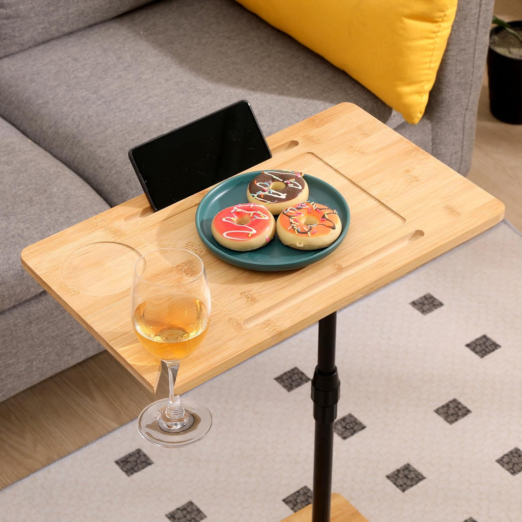 Bamboo Couch Tray Table Height Adjustable C-Shaped End Table with Slots 2 Tier Sofa Side Table for Living Room & Bedroom (Rectangle + Rectangle) (Natural + Metal + Modern)