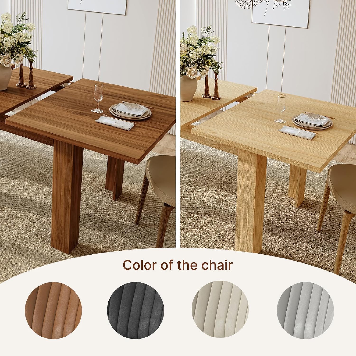 Miereirl 9-Piece Farmhouse Extendable Dining Table Set with 8 Chairs, Adjustable Length Rectangular Dining Room Furniture, Space-Saving Expandable Kitchen Dining Set (Walnut Table+8 Brown Chairs)