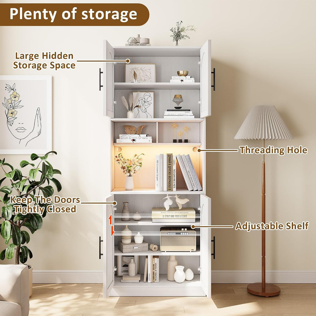 GarveeHome 71" Tall Pantry Cabinet with Countertop, Kitchen Cabinets with LED Light Strip & Microwave Shelf, Kitchen Hutch Storage Cabinet with Adjustable Shelves for Dining Room, White