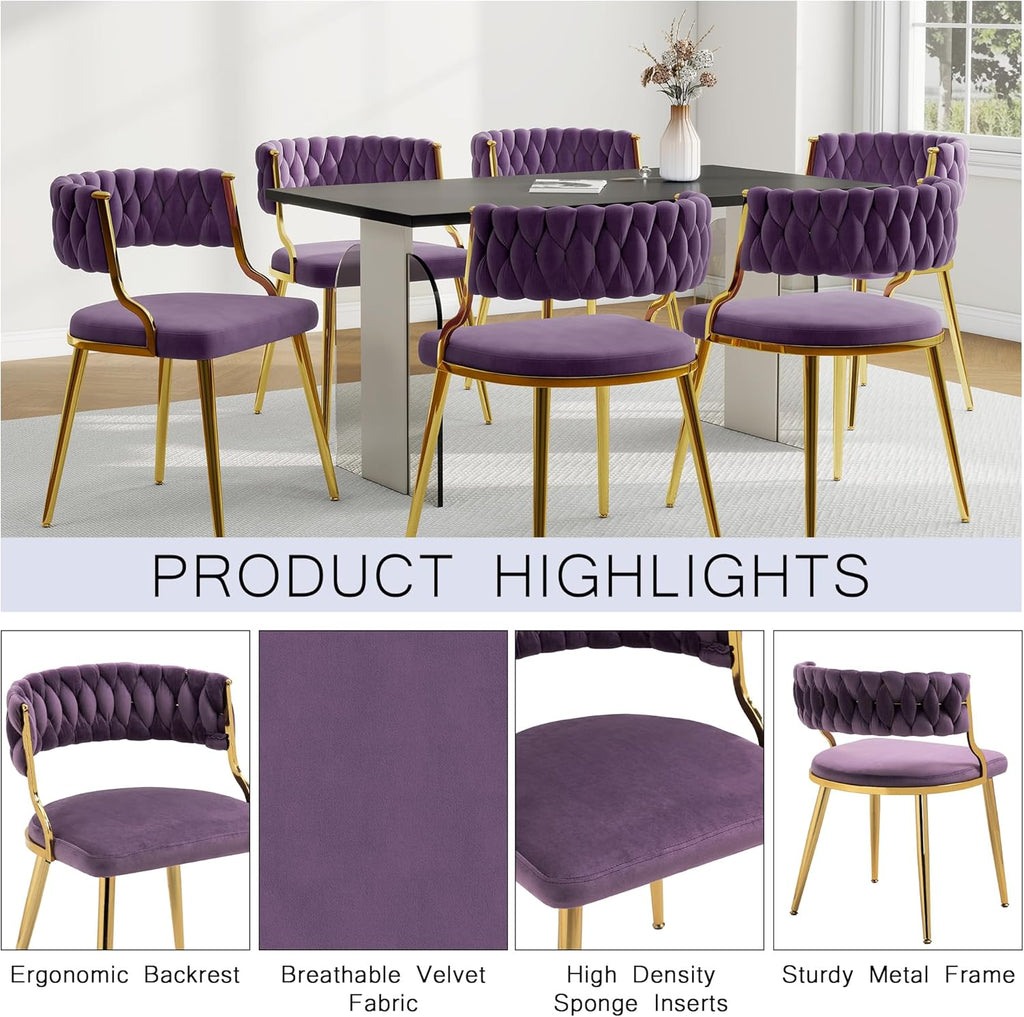 Velvet Dining Chairs Set of 2, Upholstered Dining Chair for Living Room, Modern Woven Kitchen Side Seats with Golden Legs, Great for Bedroom Kitchen Vanity - Purple