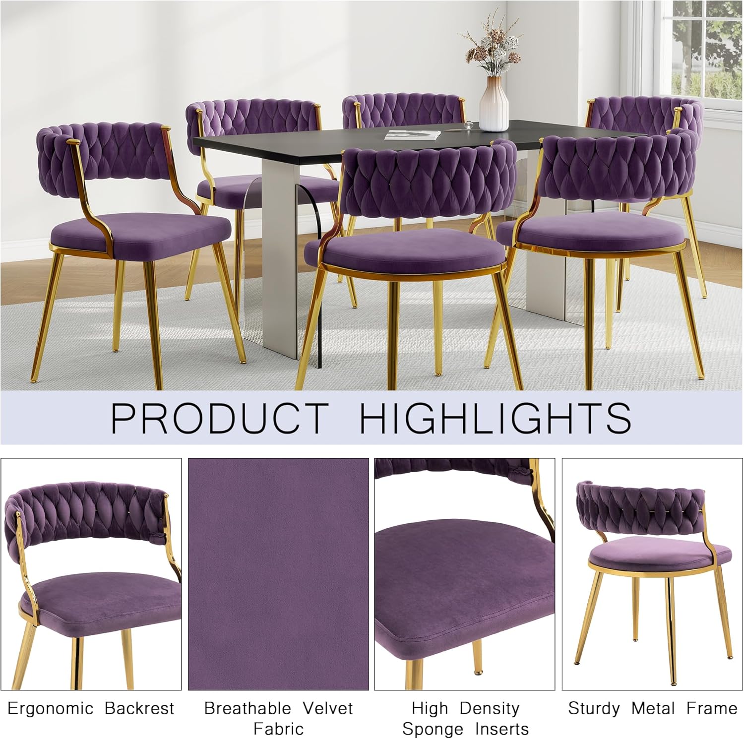 Velvet Dining Chairs Set of 2, Upholstered Dining Chair for Living Room, Modern Woven Kitchen Side Seats with Golden Legs, Great for Bedroom Kitchen Vanity - Purple