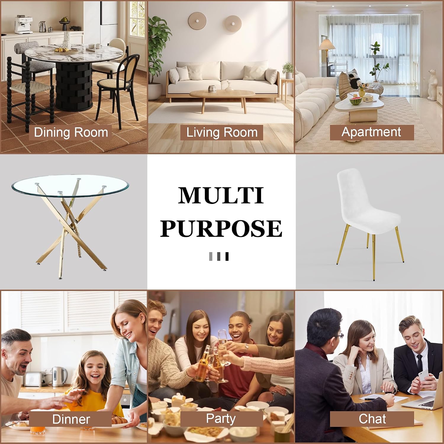 Glass Dining Table Set for 4 with Chairs, Modern 5 Piece Dining Room Set with 36" Round Tempered Glass Table & 4 Velvet Chairs for Kitchen, Apartment, Home (Gold+White)