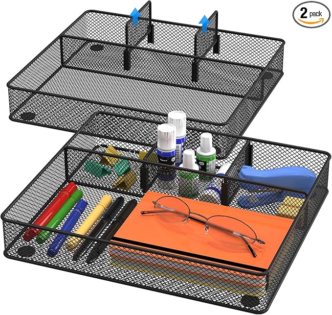 Desk Drawer Organizer Tray, Metal Mesh Drawer Organizers Office, 4 Grid with Adjustable Compartment, Desk Organizer Tray for Home Office 12x10.6x1.9 inch Black, 2 Pack