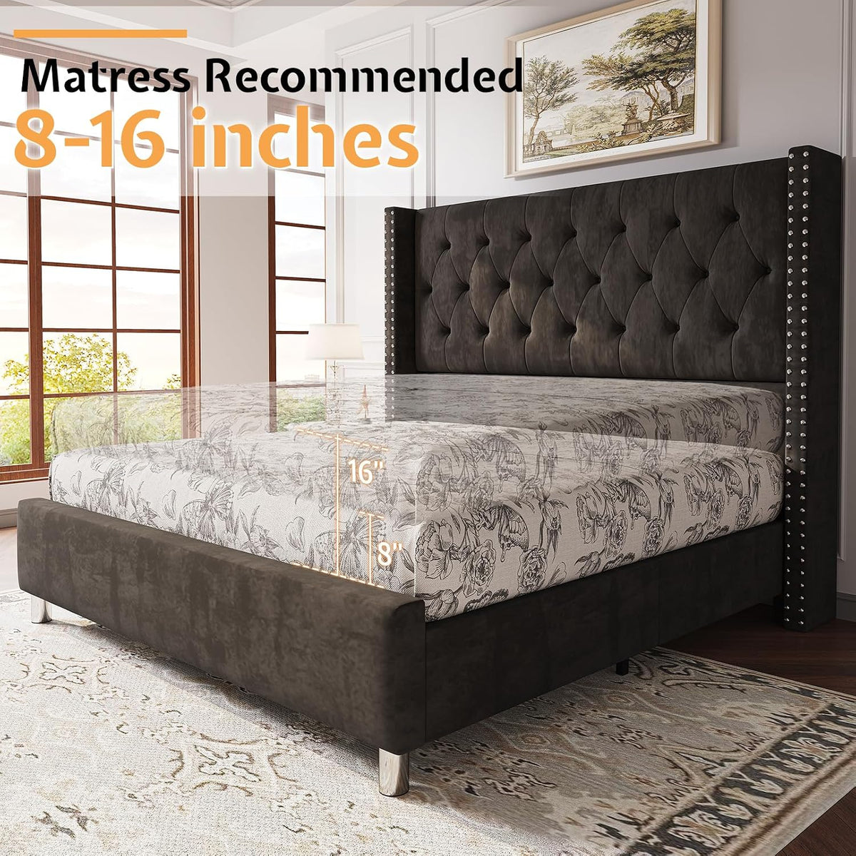 PaPaJet Queen Velvet Bed Frame with 49.2" Tall Wingback Headboard, Black
