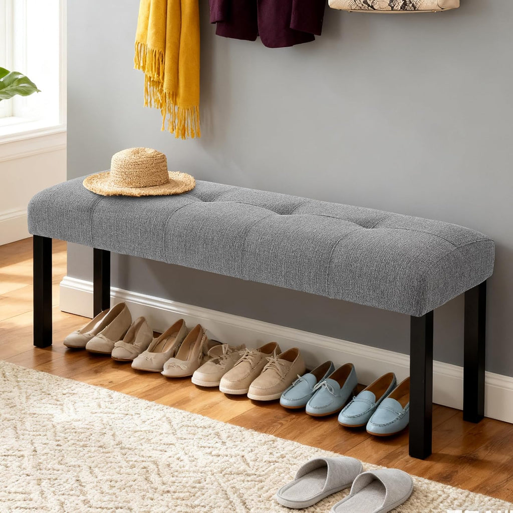 GDFStudio Upholstered Dining Bench with Tufted Linen Seat and Rubber Wood Frame, Modern Entryway Bench Seating for Kitchen Bedroom Living Room, Comfortable Padded Bench, Gray