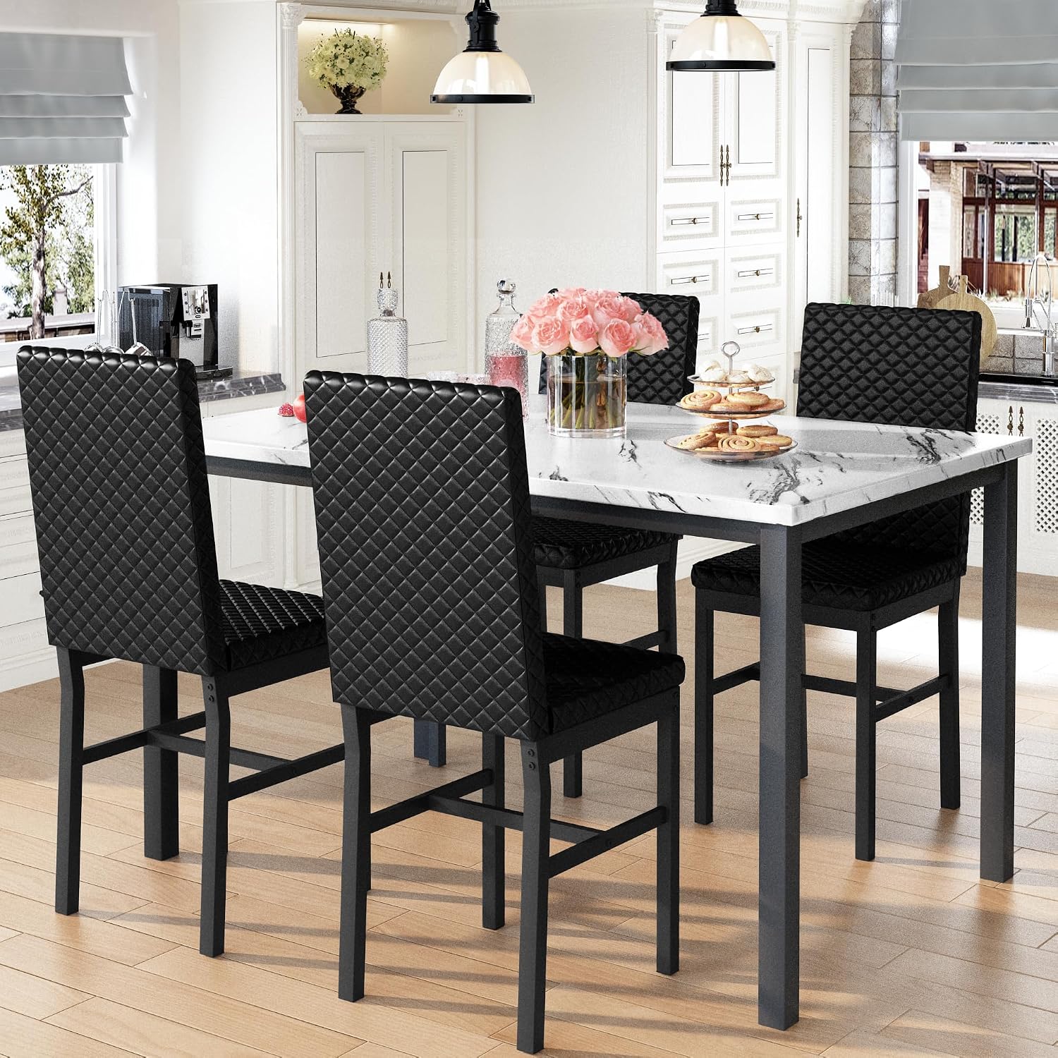 Recaceik Dining Table Set for 4, Faux Marble Kitchen Table and Chairs Set of 4, Modern Dining Room Table with Velvet Dinner Chairs, Small Dining Set for Breakfast Nook Small Spaces, White & Black