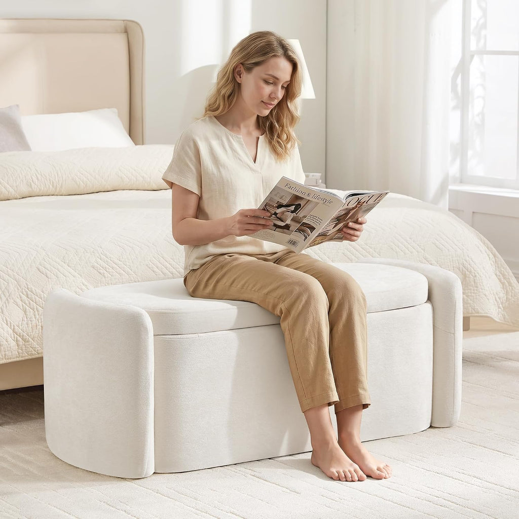 Oval Storage Ottoman Bench, 45" Upholstered Chenille End of Bed Bench Ottomans Bench, Storage Ottoman Foot Rest, Living Room and Hallway, Beige