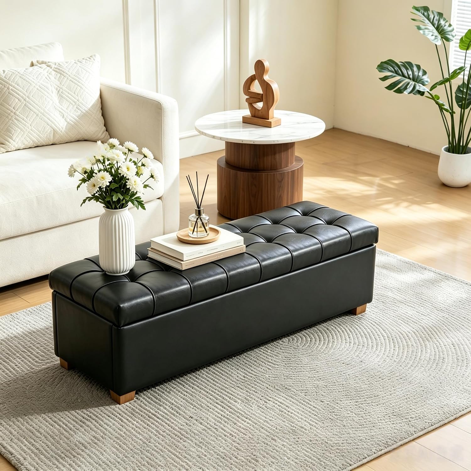 Aoiy & Wifon 60.2'' W Storage Ottoman Bench, PU Upholstered Ottoman with Storage, End of Bed Storage Bench with Wood Legs for Bedroom, Entryway, Window, Living Room, Gray