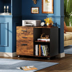 DEVAISE 3-Drawer Mobile File Cabinet, Lateral Filing Cabinet, Rustic Brown | Wood, Rolling Printer Stand, Under Desk Storage, Open Shelves, Fits Letter & A4 File, Home Office