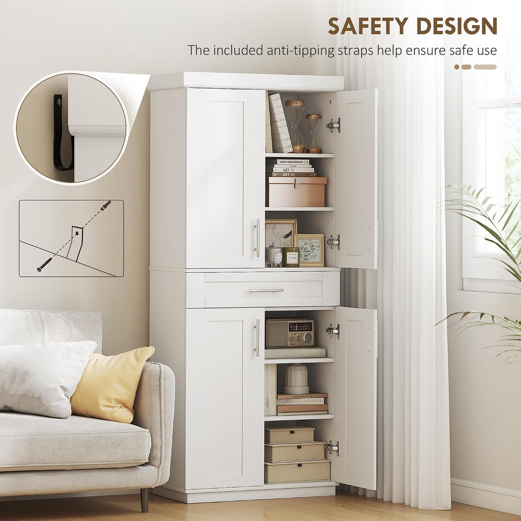 HOMCOM 72" Kitchen Pantry Cabinet Freestanding Storage Cabinet White | 4 Doors, Drawer, 3 Adjustable Shelves, for Dining Room