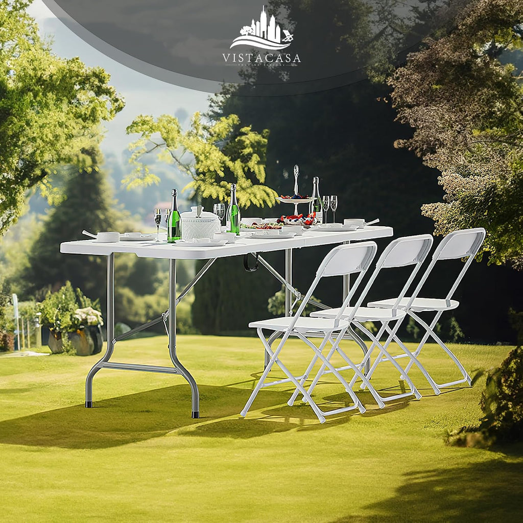 100 Pack White Plastic Folding Chairs,Steel Frame,350lb | HDPE plastic and steel frames;foldable,stackable chairs for indoor and outdoor weddings,parties,offices and events.