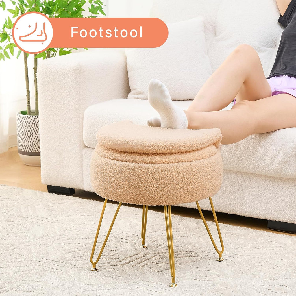 Vanity Stool Chair with Storage and Folding Back, Round Ottoman, Multifunctional Upholstered Makeup Chair, 4 Metal Legs with Anti-Slip Feet for Bedroom Living Room Entryway