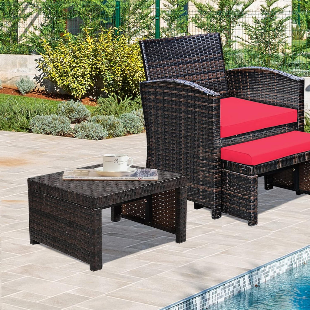 ORALNER Outdoor Ottoman, Set of 2 Wicker Footstools, All-Weather Rattan Foot Stools w/Removable Cushions, Patio Footrest Extra Seating for Porch, Poolside, Garden, Deck, Easy Assembly (Red)