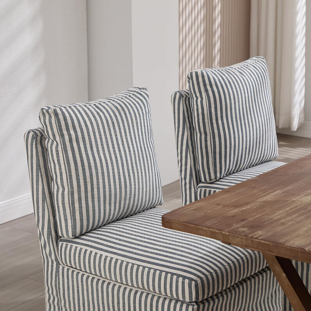 Kmax Slipcovered Dining Chairs Set of 2, Modern Upholstered Armless Kitchen Chair, Accent Single Sofa Chair for Diningroom Livingroom, Blue Stripe