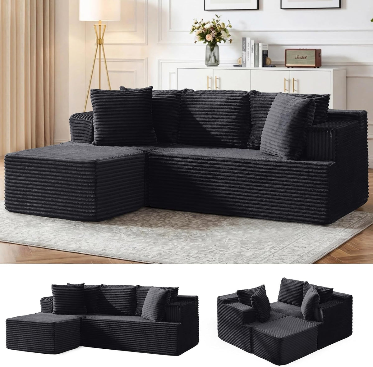 Korser Cloud Modular Sectional Sofa with L-Shaped, Couches for Living Room, Fluffy Comfy Corduroy Deep Seat with Ottoman, Bedroom, Apartment, No Assembly Required