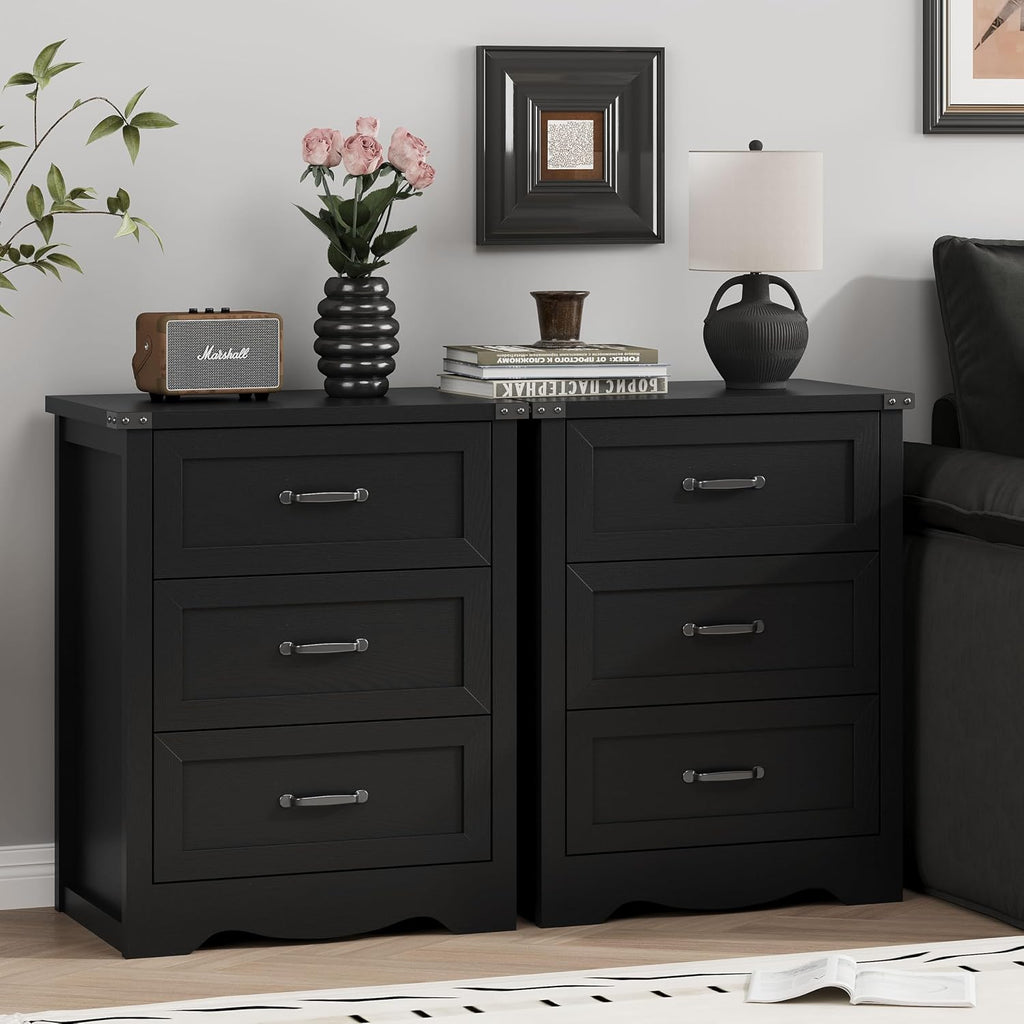 Nightstand with 3 Drawers, 24" Wide Farmhouse Bedside End Table, Rustic Wood Side Table Night Stand with Mental Handle, Tall Modern Small Dresser Chest of Drawers for Bedroom, Living Room, Dorm, Black