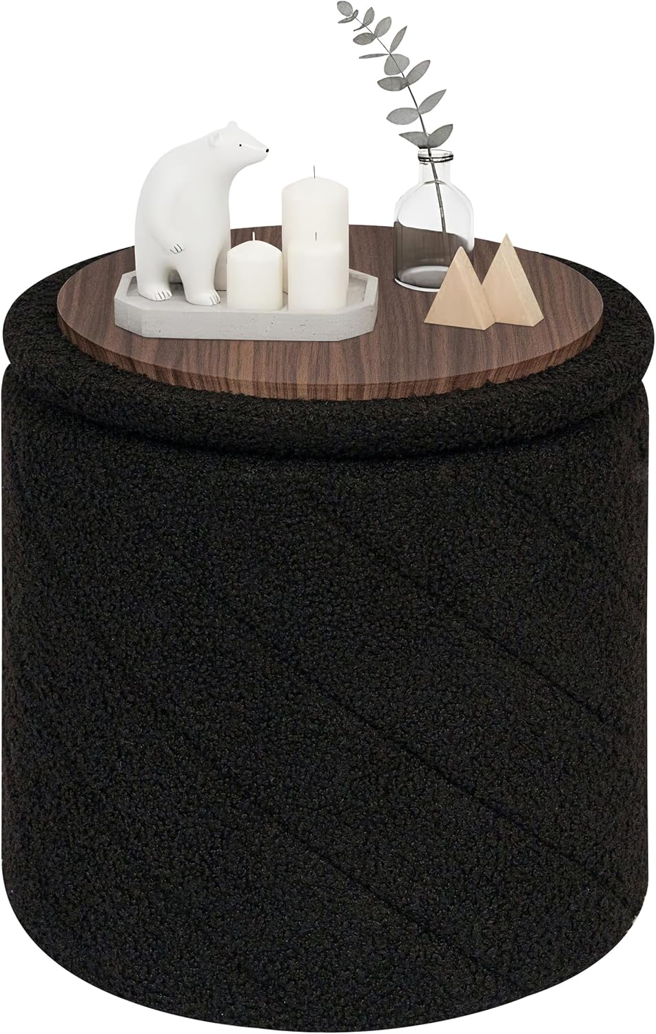 PINPLUS Ottoman with Stroage Round Boucle Ottoman and Tray Sherpa Removable Foot Stool Coffee Table for Dorm, Living Room Black, 13"x13"x13.7"