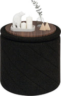 PINPLUS Ottoman with Stroage Round Boucle Ottoman and Tray Sherpa Removable Foot Stool Coffee Table for Dorm, Living Room Black, 13"x13"x13.7"
