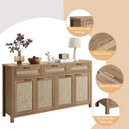 HOKYHOKY 63" Rattan Sideboard Buffet Cabinet, Boho Storage Cabinet | Adjustable Shelves, 4 Doors & 3 Drawers, Farmhouse Credenza, Coffee Bar Cabinets, Living Room, Hallway, Kitchen