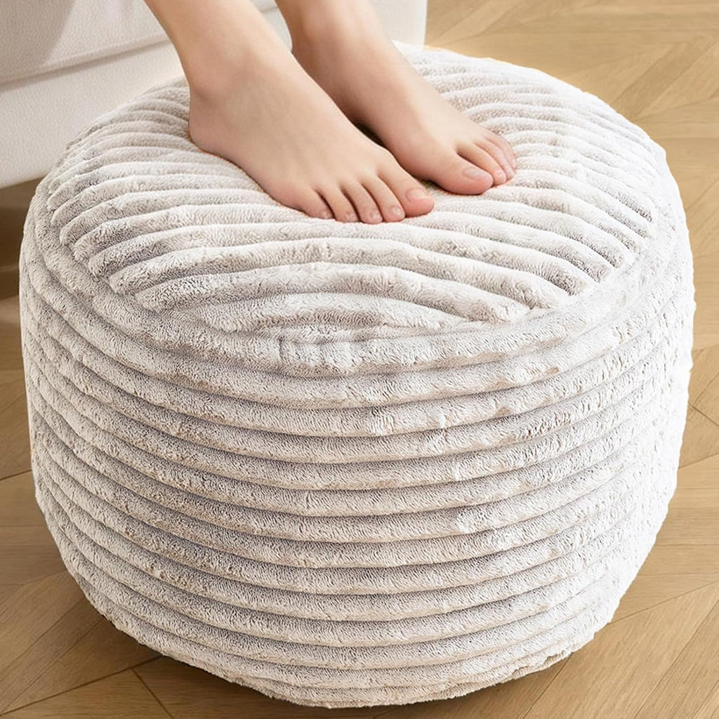 Round Ottoman,Corduroy Pouf Foot Rest,Beige,20x15 in | Corduroy Cover,Storage Ottoman Footstool for Living Room,20x15 Soft Floor Poufs,Memory Foam Filling,Footrest only