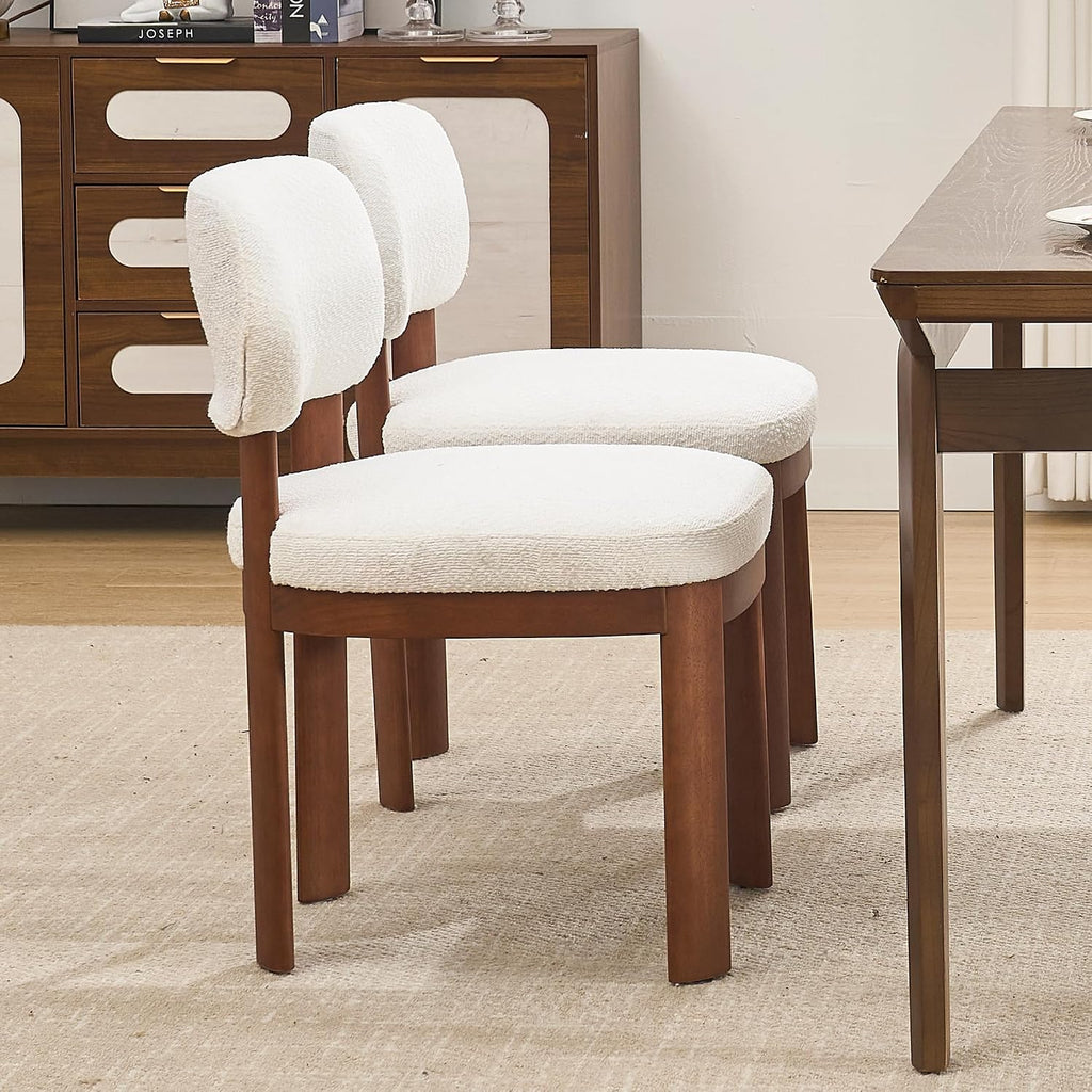 Dining Chairs Set of 2, Teddy Teddy Upholstered Kitchen Chairs with Curved Backrest and Solid Wood Legs, Farmhouse Side Chairs for Restaurant Cafe Living Room (White+Brown Legs)