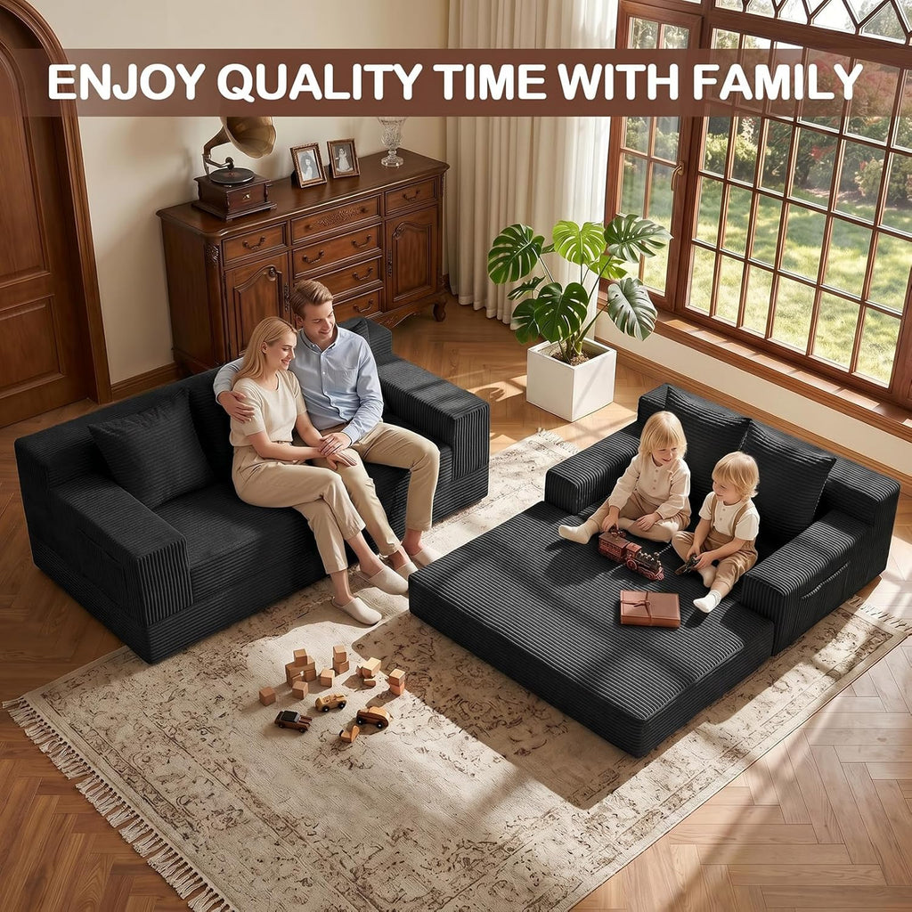 Loveseat Couch Folding Sofa Bed, Foldable Floor Futon Sleeper Couch Bed - Convertible Sofa Bed, Corduroy Pull Out Sofa Bed with 2 Pillows for Living Room & Bedroom