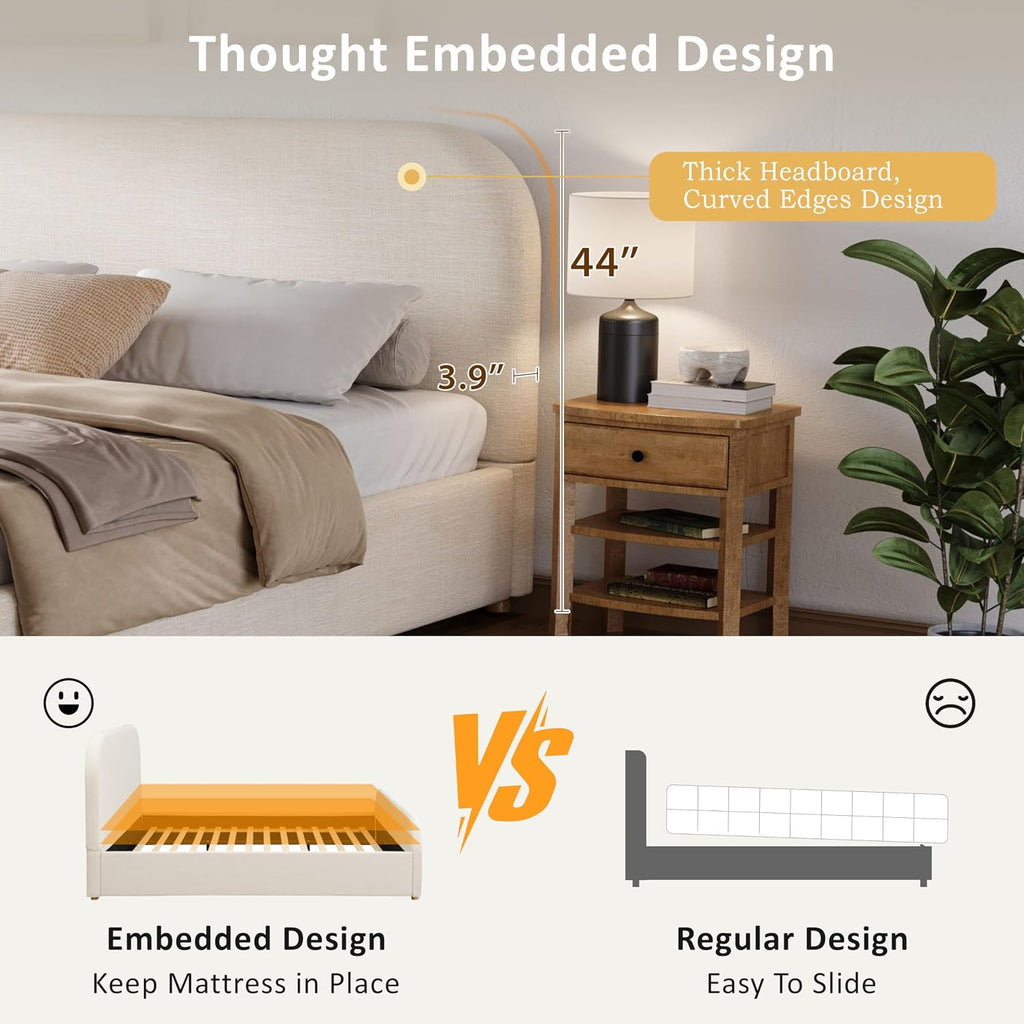 Merax King Size Bed Frame, Upholstered Linen Platform Bed with 44 Inch Tall Headboard & Footboard, Solid Wood Base, Soft Curved Edges Design King Bedframe, No Box Spring Needed, Easy Assembly, Beige