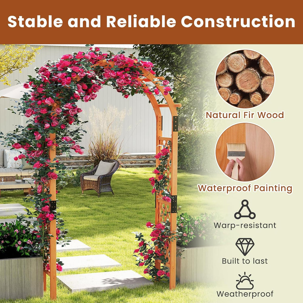 HAPPYGRILL 7.7 FT Wooden Garden Arbor, Outdoor Wood Garden Trellis for Climbing Plants, Wedding Arch Pergola for Ceremonies Parties, Solid Wood Backdrop Stand, Greenhouse Patio Lawn Decoration