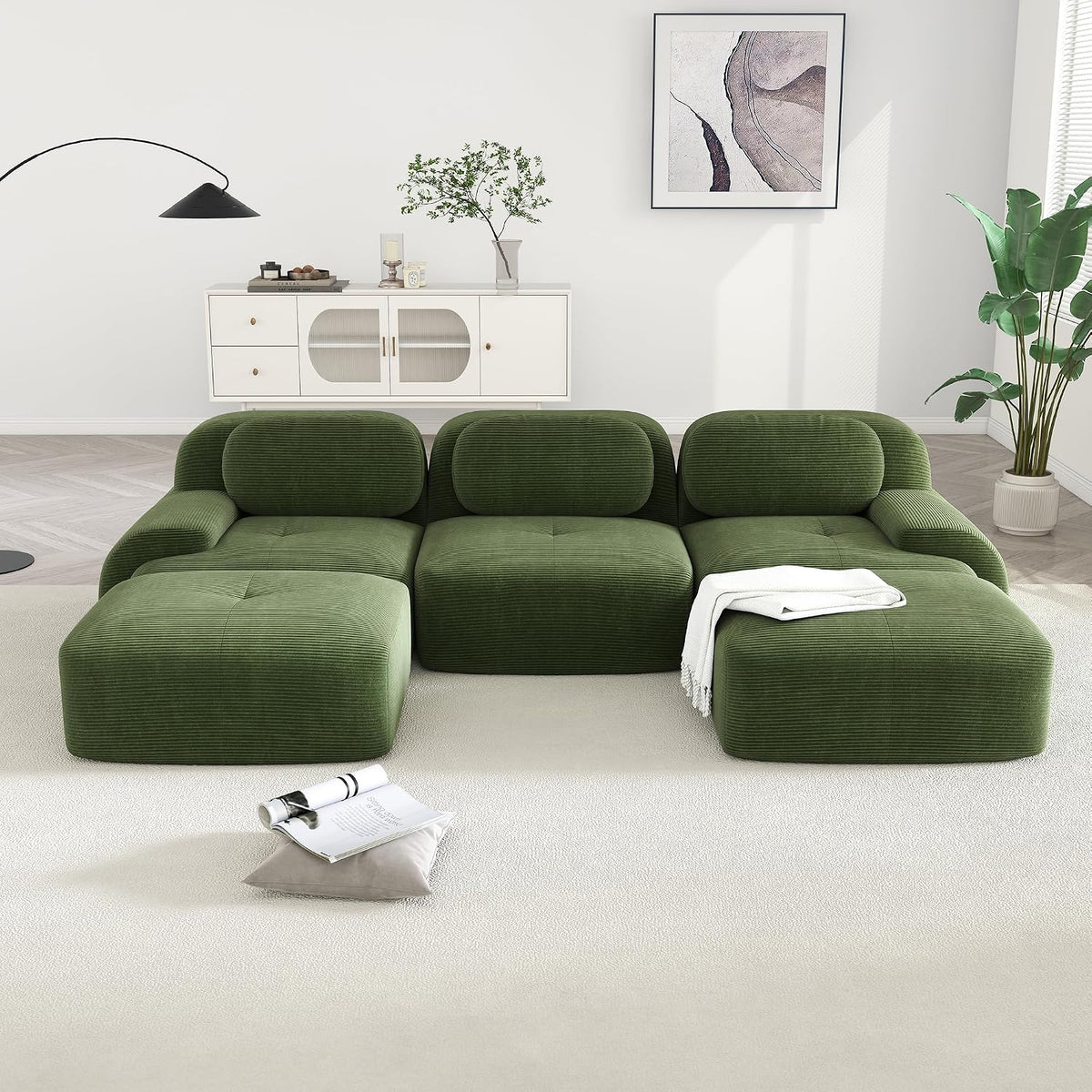 Modular Sectional Sofa Couch, U Shaped Sectional Couches for Living Room, Oversized Cloud Couch with Deep Seat and Ottoman, Comfy Corduroy Upholstery Green Couches, No Assembly(3S+2O)