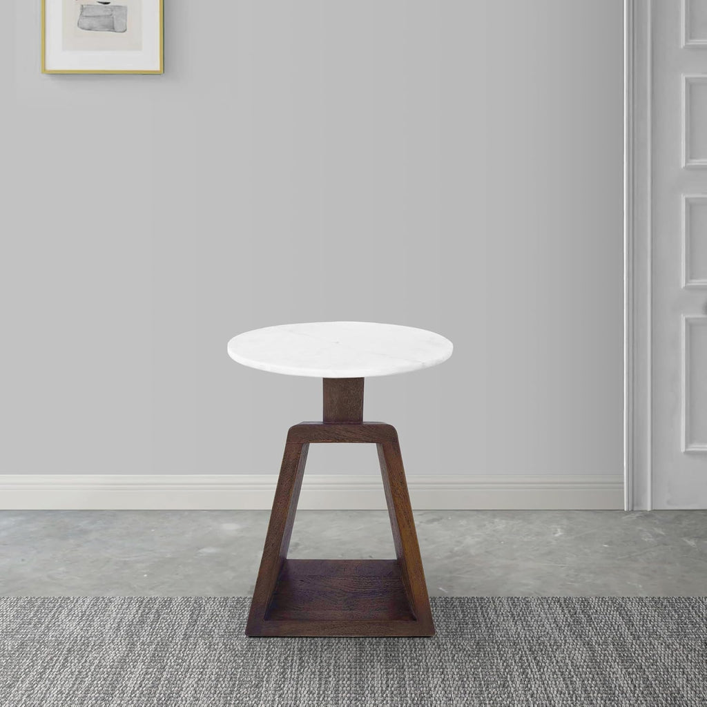 Port Blair Side End Table, 16.5 Inch Height, Round White Genuine Marble Top, Handcrafted Mango Wood Base, Modern Accent Table for Living Room, Bedroom, Entryway and Home Decor Display