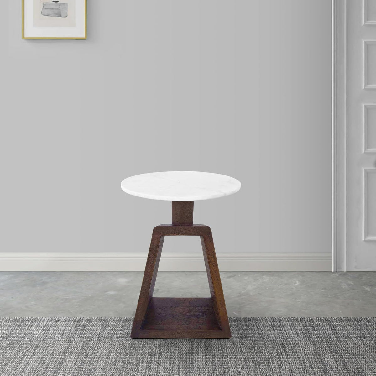Port Blair Side End Table, 16.5 Inch Height, Round White Genuine Marble Top, Handcrafted Mango Wood Base, Modern Accent Table for Living Room, Bedroom, Entryway and Home Decor Display